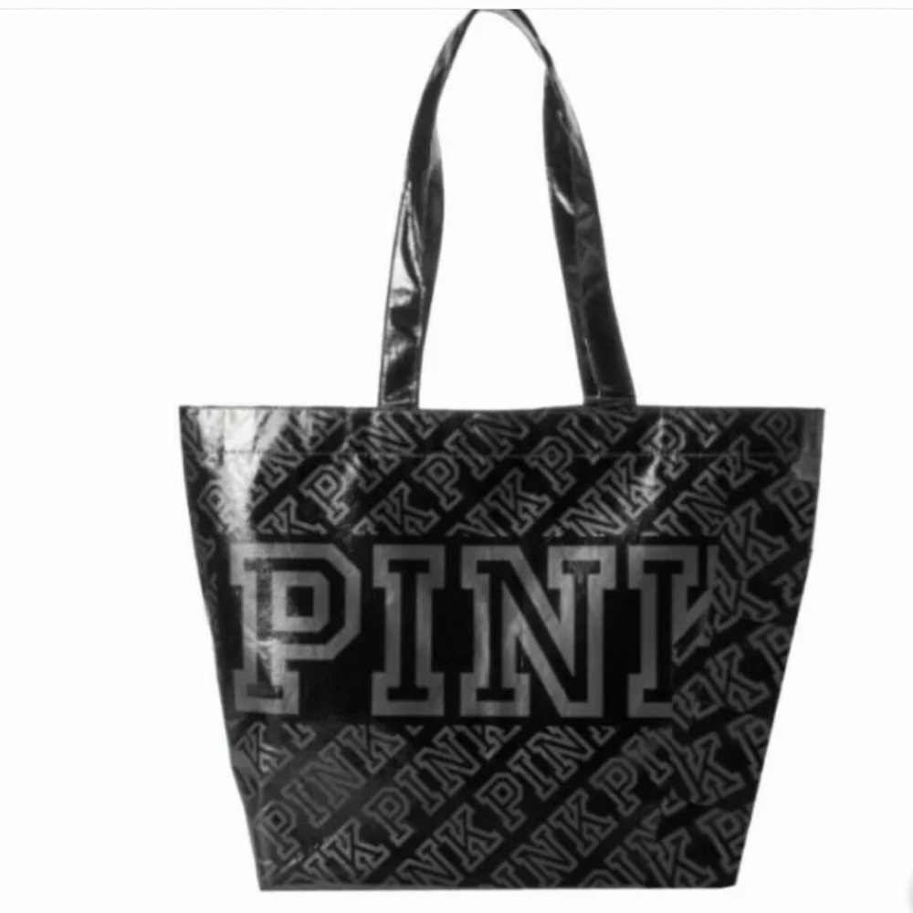 Victoria's Secret PINK Black Reusable Tote Bag Logo Travel Shopper Luggage NEW